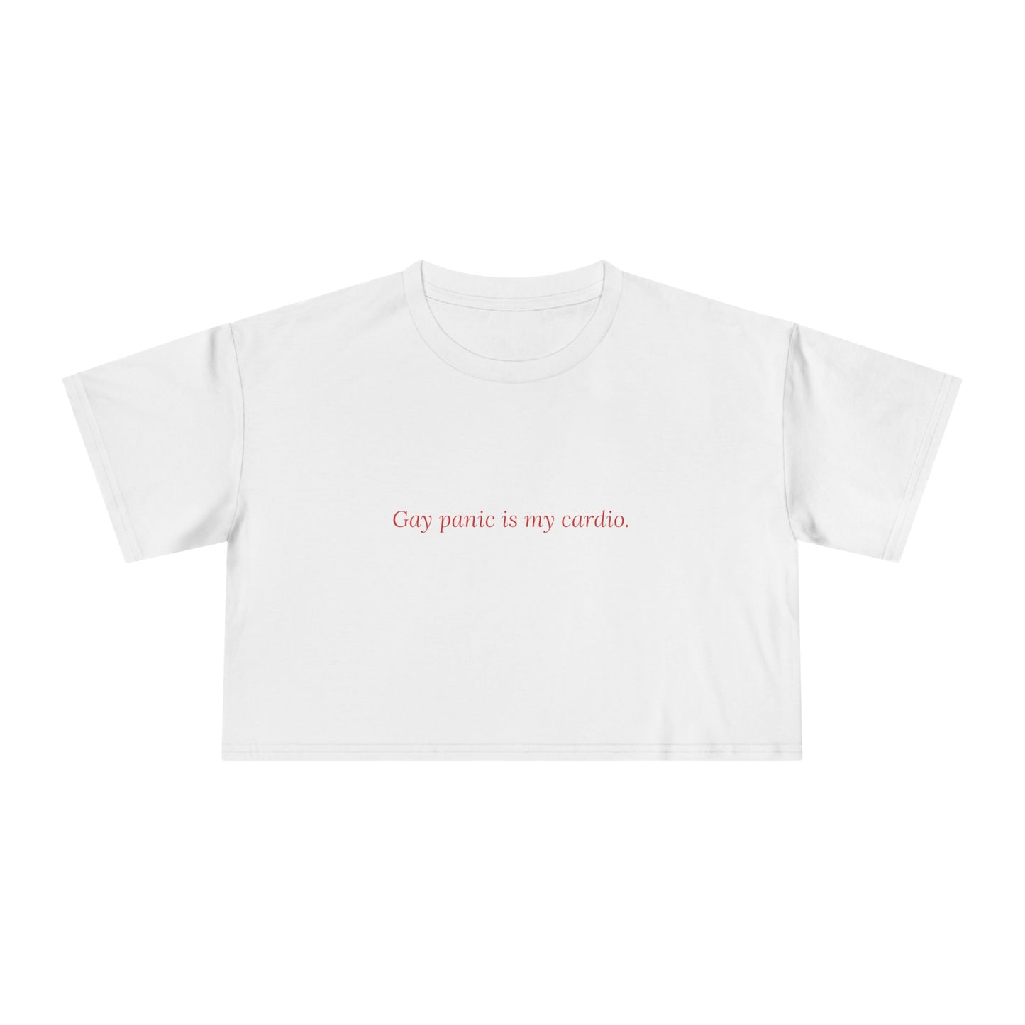 Gay Panic Is My Cardio — Cursive | Women's Crop Tee